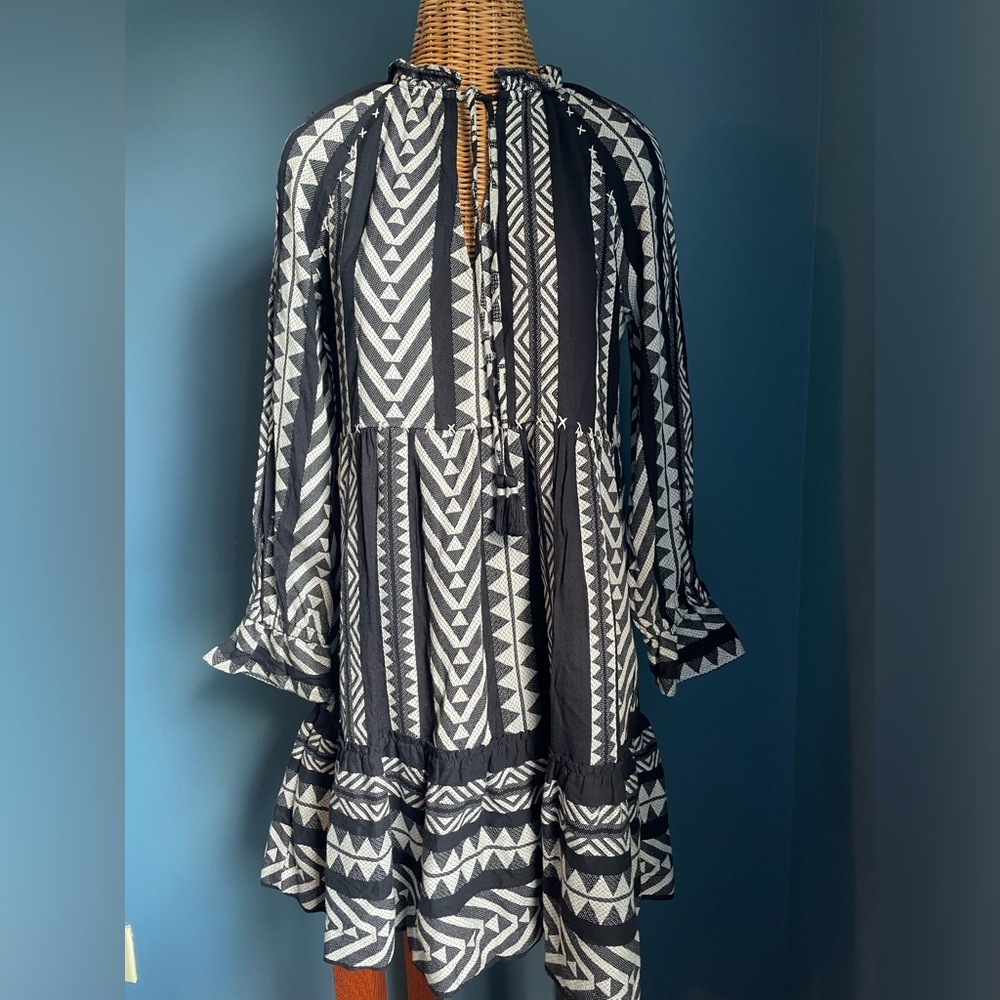 NWOT Anthropologie Maeve Dress XS Black white Aztec Southwest Boho ruffles